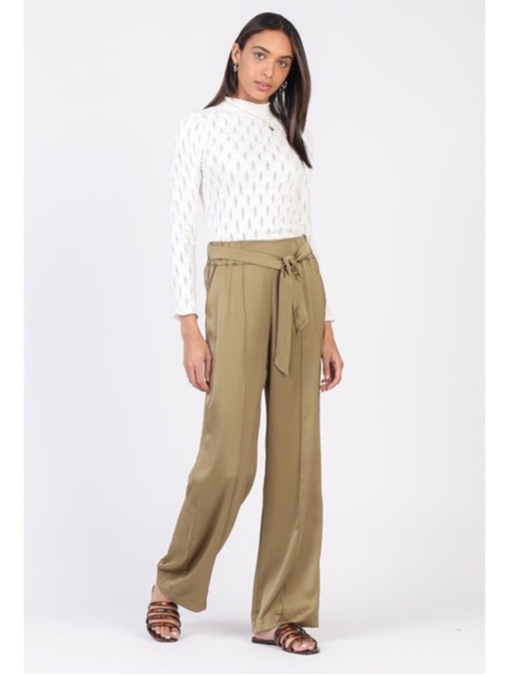 Current Air Satin Wide Leg Pants in Olive Green Size Medium Tie Waist